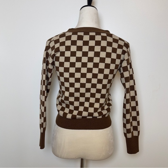 Vintage-Inspired Brown & Cream Checkerboard Cropped Cardigan Women XS - Picture 4 of 7